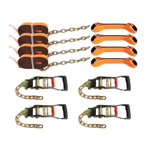 8 Point Roll Back Vehicle Tie Down Kit 12Pcs 2 x 16 Tie Down Straps with Chain Tail on Both Ends & Ratchet Handle - Tow Strap Kit for Car Hauler Carrier Tow Truck Trailer