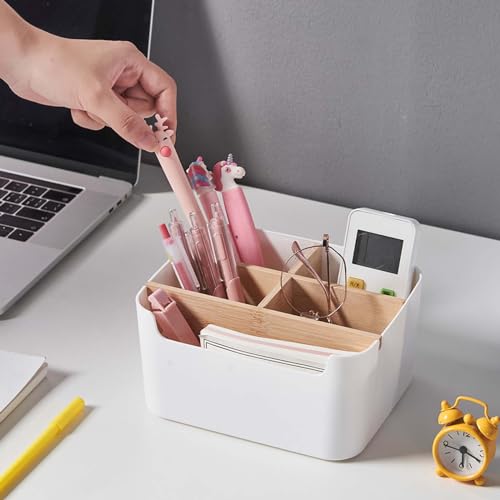 5 Fächer Schreibtisch Organizer, Holz Schreibtisch Schreibwaren Aufbewahrungsbox, Multifunktionale Herausnehmbaren Büro Organizer Desktop Fernbedienungshalter, für Kosmetika,Stifte,Brillen (Schwarz)