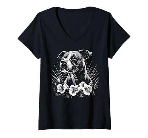 Mujer American Staffordshire Terrier Amante Perro Estilo Retro Tatuaje Camiseta Cuello V