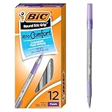 Bic Round Stic Grip Ballpoint Stick Pen, Purple Ink, Medium, Dozen