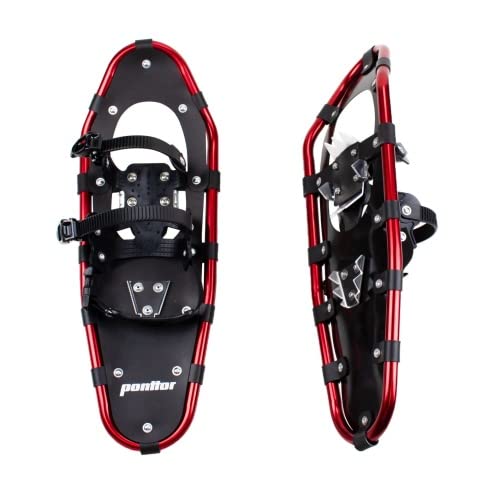 Schneeschuh-Set incl. Teleskop-Stöcke, Gamaschen und Tragetasche, Farbe: schwarz-rot, Aluminium Rahmen, Ratschenbindung Schuhgröße 25"(63x22cm / 68-90kg)