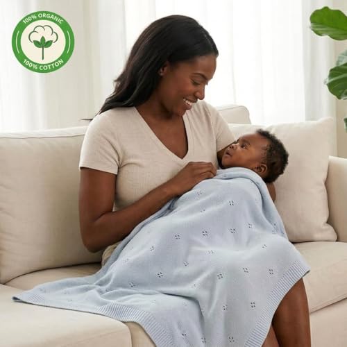 Image of 100% Organic Cotton Knit Receiving Baby Blanket for Newborns - Soft, Breathable Blanket for Crib & Stroller - Nursery Gift (Baby Blue)