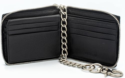RFID Safe Leather Bi-fold Chain Wallet for Men Zip around Purse for Women Biker's Trucker YKK Metal Zipper Closure Filp up window ID (Black with Chain)4