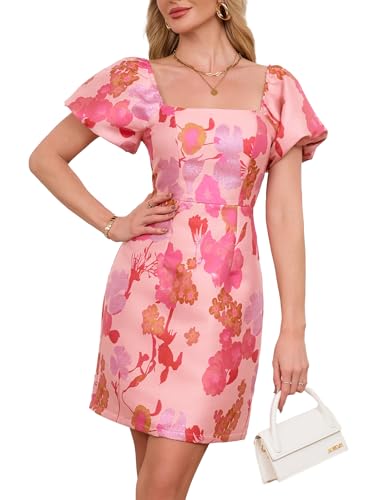 Ladyful Women's Jacquard Mini Dress Floral Short Puff Sleeve Square Neck Bodycon A-line Party Short Dress
