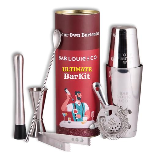 Image of Bab Louie & Co. Bar & Cocktail Set, Ultimate BarKit, Cocktail Shaker Set for Drink Mix, Set of 6 Stainless Steel & Anti Rust Bar Accessories, BarKit for Gift, Best Gifts for Bartender