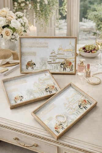 Image of Premium Wooden Serving Tray Set of 3 | Ethnic Indian Art Printed Tea, Coffee & Snack Trays | Decorative Multipurpose Home & Kitchen Serving Tray (F-06)
