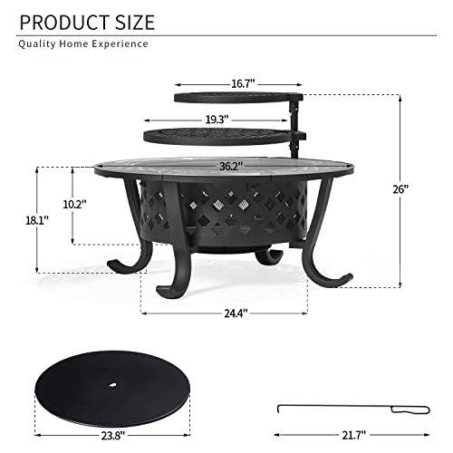 Aoxun Fire Pit,36" Outdoor Wood Burning Fire Pit with 2 Grills,BBQ Large Fire Table for Camping,Heating,Picnics