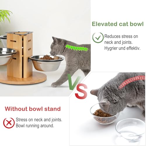 JAZUIHA Katzennapf Erhöht 3er Set, Höhenverstellbare Futterstation für Katzen und kleine Hunde, 14 cm Edelstahlnäpfe (350ml), 3 Stufen für Anpassbare Höhe