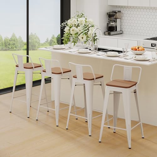 Image of Yongchuang 30 inch Bar Stools Set of 2 Kitchen Bar Height Chairs with Wood Seat Industrial Low Back Metal Barstools Cream White