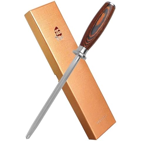 TUO Honing Steel for All Kitchen Knives Daily Sharpening Maintenance - High Carbon German Stainless Steel with Pakkawood Handle - 9-inch Sharpening Rod with Case - Fiery Phoenix Series Cover