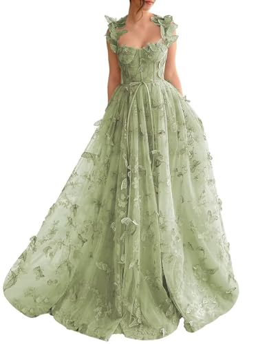 CAZSXIS Tulle 3D Butterfly Prom Dresses for Women 2024 Lace Applique Princess Prom Dress Long Ball...