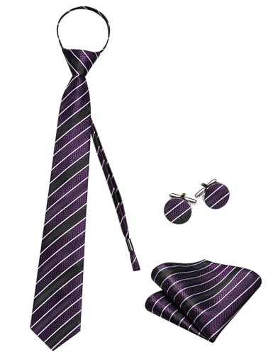 Image of Hi-Tie Zipper Ties for Men Pre-tied Tie Set Lapel Pin Pocket Square and Cufflinks Formal Business Wedding Adjustable Necktie