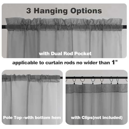 Image of Chyhomenyc Sheer Charcoal Grey Valances for Windows 2 Pack, Small Window Curtains for Living Room Bathroom Cafe Laundry Basement, Modern Top Dual Rod Pocket Voile Curtain, 42W x 18L inches