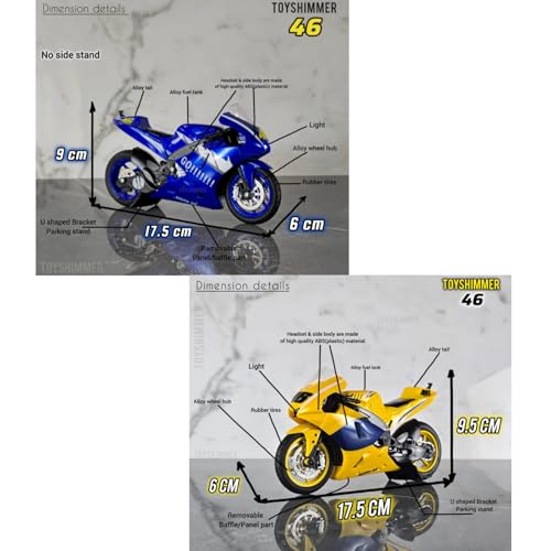 Image of Combo of 2 Diecast Motorcycles, Yamaha MotoGP 46 Track Bike (Yellow) and MotoGP 46 Track Bike (Blue), 1:12 Scale, Light & Sound Functions, for Ages 8-14 and Adults