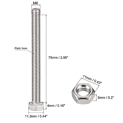 Image of uxcell M6 x 75mm Hex Head Screws Bolts, Nuts, Flat & Lock Washers Kits, 304 Stainless Steel Fully Thread Hexagon Bolts 10 Sets