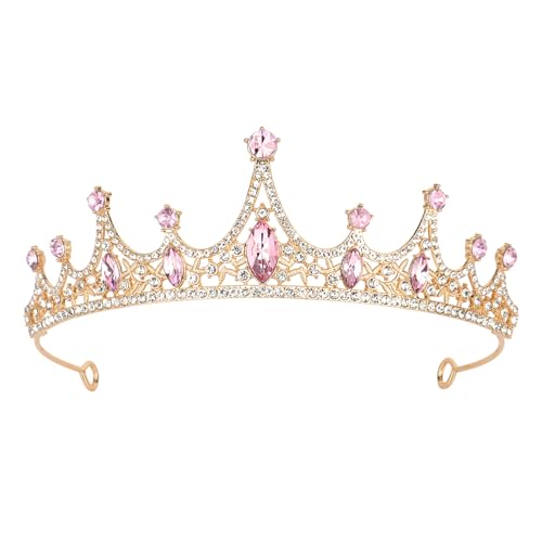 Amariver Gold Wedding Crown Crystal Tiara for Women Queen Crowns Princess Headband Pink Rhinestones Tiaras for Bride Sparkle Hair Accessories for Birthday Prom Pageant Party