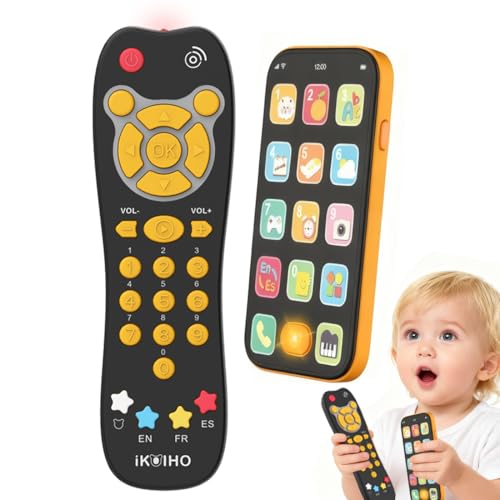 Baby Phone TV Remote Toy Set Bilingual Play Phones Toy Remote for Baby with Music Light for 6+ Months Early Learning Baby Toys Gift for 1 Year Old Boys Girls Toddler Infant English/Spanish Orange