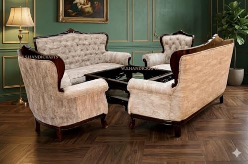 Image of Wooden 8 Seater Sofa Set with Coffee Table | 3+3+1+1 Solid Wood Sofa Set with Cushioning | Traditional Design Furniture for Living Room, Home, Office