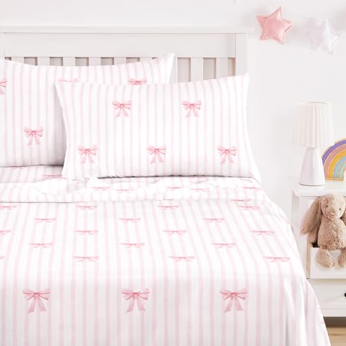 Wake In Cloud -Bow Bed Sheets 4-Piece Sheet Set Cute Kawaii Coquette Striped Pattern Printed Bedding for Kids Girls Teens Deep Pocket Pink Full Size