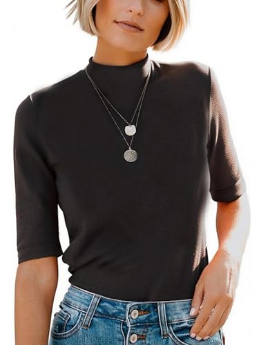 Image of Dressmine t Shirts for Women UK Black Top Mock Turtle Neck Dressy Casual Tunic Tops Summer Fashion Fitted Half Sleeve Plain T Shirt Size 18