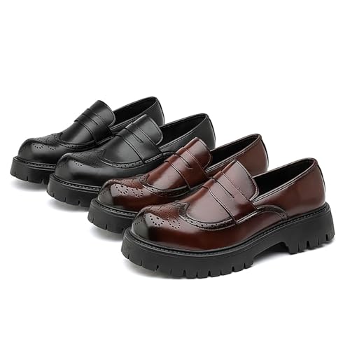 Men's Leather Brogue Platform Chunky Slip-On Penny Loafers Classic Round Toe Non-Slip Lug Sole Business Dress Shoes for Party Wedding Prom3