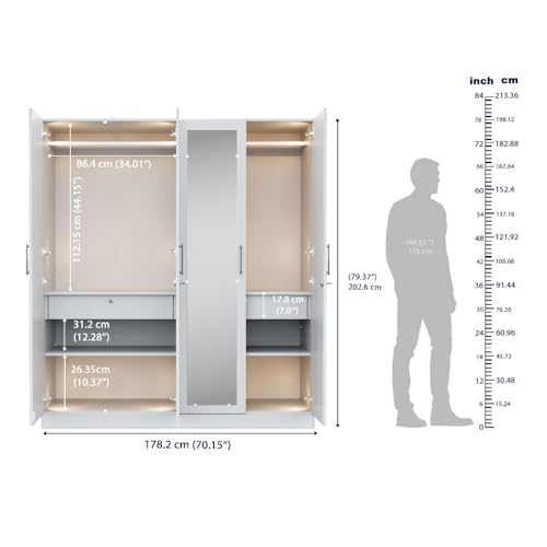 Image of Wakefit Wardrobe for Bedroom | 3 Yr Warranty | Cupboard for Bedroom, Almirah, Wooden Wardrobe, Comes with LED light, Storage Drawer, Mirror & Hanger, Density:680-750kg /m, Free Installation(Tyrian-FW)