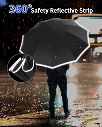 Image of ANYCHO Inverted Umbrella for Men, 3 Fold for Travel with Reflective Stripe 10 Ribs, 45 Inch Windproof & UV Protection Small Folding Umbrella with Auto Open and Close, Portable Car Umbrella for Women