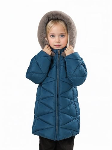 SOLOCOTE Girls Winter Puffer Coat with Faux Fur Hood Sherpa Lined Parka Water-Resistant Windproof Quilted Jacket Blue 3-4 Years - Thumbnail 6