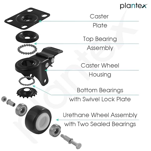 Image of Plantex 1.5 Inch Caster Wheel /Heavy Duty Soft PU Swivel Caster Wheels with 360 Degree No Noise /Wheels for Furniture /Trolley Cart /Sofa /Table - Black - Set of 4 (2 with Brakes & 2 Without)