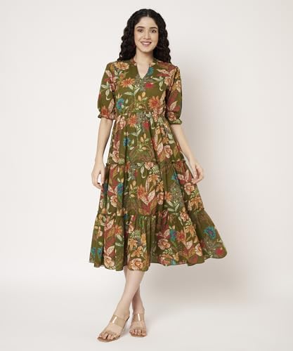 Image of PIDAVLIYA'S Women's Cotton Floral Printed Midi Dress | V-Neck Fit & Flare Dress with Puff Sleeves | Casual Summer Wear
