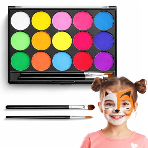 OIXEYA 15 Colori Face Painting e Body Painting, Colori Truccabimbi, Pittura Facciale con 2 Pennelli, Trucco Viso Bambini a Base d’Acqua, Per Feste, Carnevale, Spettacoli Teatrali