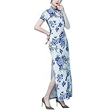 Women's Vintage Maxi Cheongsam Costume Short Sleeve Mandarin Collar Chinese Traditional Side Slit Qipao Bodycon Dress (40# Blue and White Porcelain, M)
