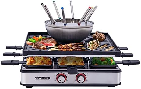 GIVENEU Electric Fondue Pot Set, 600ML Fondue Pot with Grill Plate, 8 Color-Coded Forks, 8 Non-Stick Pans, Dual Thermostat Fondue Grill Combo for Chocolate, Cheese, Grilling