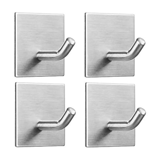 Heavy Duty Adhesive Hooks, Stick on Wall Adhesive Hangers, Strong Stainless Steel Holder, Self Adhesive Hooks for Kitchen Bathroom Home Door Towel Coat Key Robe 4 Packs Silver