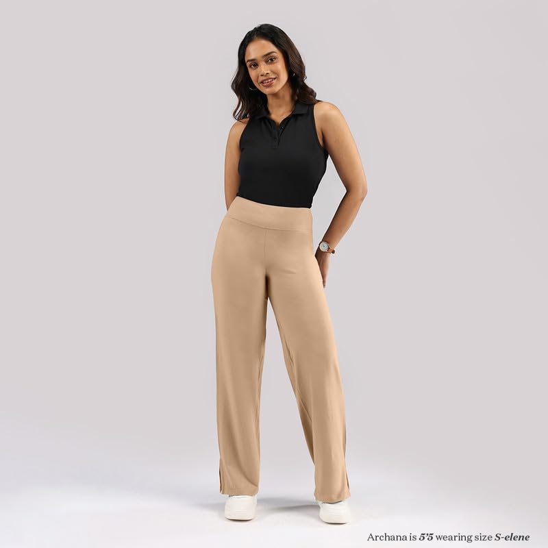 Image of BlissClub AM:PM Cotton Wide Leg Pants - Lite, Cotton Pants, Wide Waistband, Slit at Hem, Side Pockets, Regular (for Women Upto 5'4 ft)