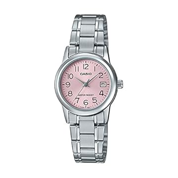 Casio #LTP-V002D-4B Relógio feminino padrão de aço inoxidável com mostrador rosa, rosa, 31×25×9.2mm, Movimento de quartzo