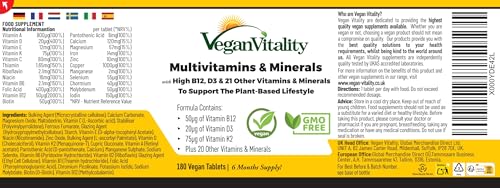 Vegan Multivitamin Tabletten hochdosiert - Vitamin b12 vegan & Eisen. 180 Multivitamin Tabletten Nahrungsergänzungsmittel - 6 Monate Vegan & Vegetarier - Alle Vitamine in einer Tablette