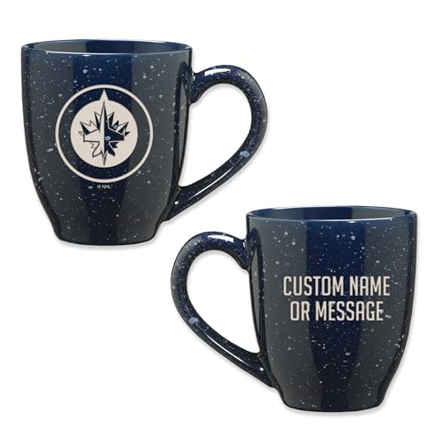 Image of Rico Industries NHL Hockey Winnipeg Jets Navy Personalized 16 oz Team Color Laser Engraved Speckled Ceramic Coffee Mug