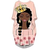 Picture of AZPSRT Women's Casual Loose Long Dress T-Shirt Dress Short/Long Sleeve Maxi Dresses with Pockets, Black-pink, Melanin Girl Print, Medium