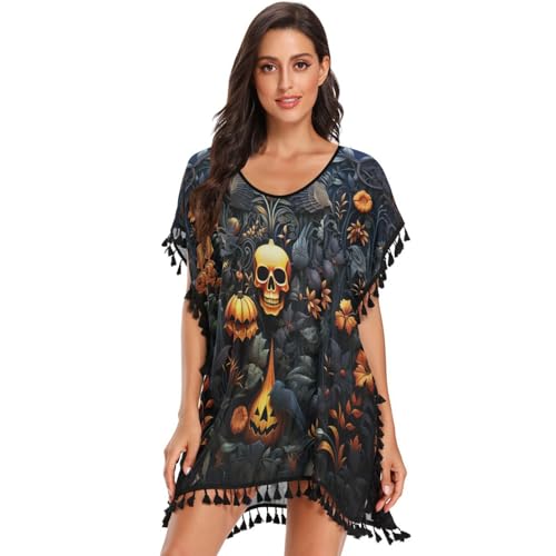 Halloween Golden Skull Art Women's Beach Cover Up Chiffon Tassel Swimwear Swimsuit Coverups for Girl