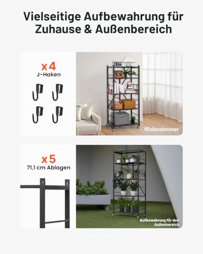 VEVOR 5 Etagen, Klappbare Regale mit Rädern, 38x71x163 cm, Faltbares Schwerlastregal, montagefreies Standregal, Haushaltsregal, Küchenregal, Metallregal für Garage, Küche, Keller, schwarz