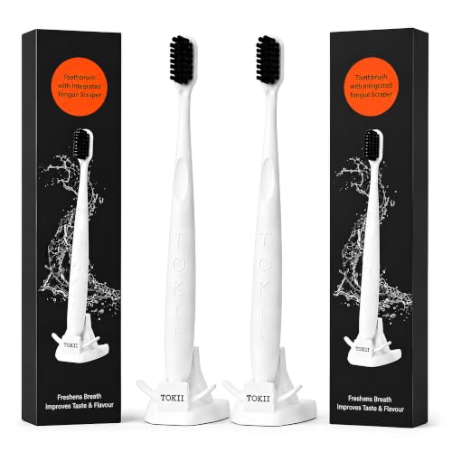Image of Tokii Tongue Scraper & Tongue Cleaner for Adults, 2-in-1 Toothbrush with Sliding Tongue Scraper, Charcoal Ultra Soft Bristles, Ayurvedic-Inspired, Includes Travel Toothbrush, Stand & Waterproof Pouch