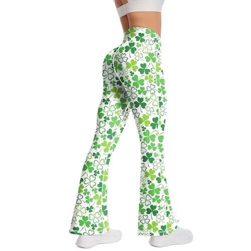 BELYQLY St. Patrick's Day Women's Yoga Pants, High Waist Shamrock Flare Leggings, Athletic Workout Wear (US, Alpha, Medium, Regular, Regular, White/Green)