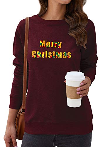 Nlife Women Merry Christmas Multicolor Letter Print Long Sleeve Sweatshirts Tops Wine Red