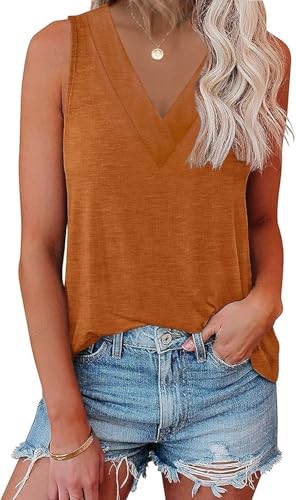EyMuse Womens Tank Tops V Neck Sleeveless Flowy Tunic Loose Fit Basic T Shirts Casual Summer Dressy Tee,Brown,L