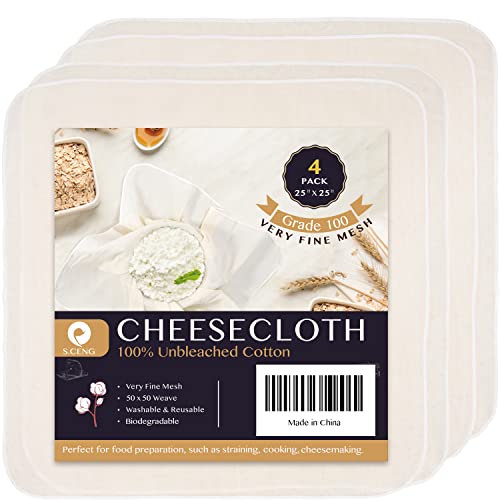 muslin cloth for cooking - Precut Cheesecloth, 25 x 25'' 4 Pack, Grade 100, Ultra Fine Muslin Cloth for Straining & Cooking, 100% Unbleached Cotton Cloths