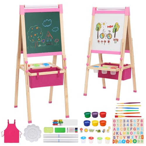 T06 Maltafel in Rosa mit Tragetasche Kinder-Staffelei aus Holz mit Papierrolle,höhenverstellbare Doppelseitiger Easel Kinder, Staffelei Holz Groß,Maltafel Kinder ab 4 Jahren (Pink)