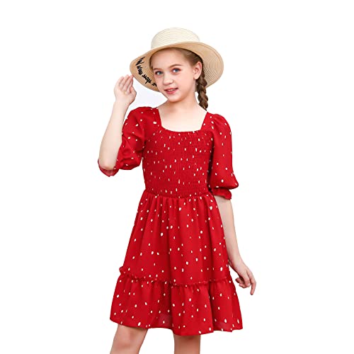 Girls Dress Sweet & Cute Puff Sleeve Square Neck Ruffle Whimsy Polka Dot Ruffle Swing Dress 5-14(9-10 Years)