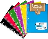 Rosmonde 5 Subject Notebook Wide Ruled, 6 Pack, 300 Pages (150 Sheets), 8 x 10-1/2', 5 Subject Spiral Notebook with Dividers, Thick Paper Fights Ink Bleed, 3 Hole Punched, Spiral Notebooks for School