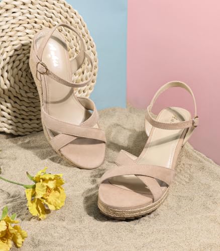 Image of Ankis Wedge Sandals for Women, Espadrille Womens Wedge Sandals Comfortable Open Toe Cross Band Ankle Strap High Heel Wedges for Women Dressy Summer -3.4Inch